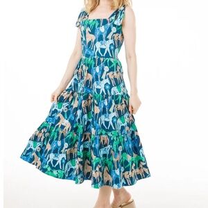 Holly Shae Blue Multi-Print Tie-Shoulder Midi Dress S/M